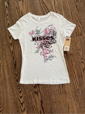 Next Level Apparel Hershey’s White Tee with Pink & Black Kisses Graphic